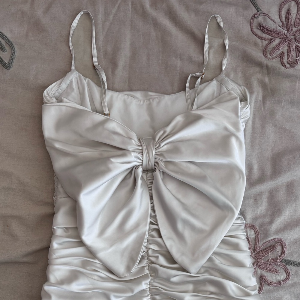 Hutch by Anthropologie White Satin Ruched Bow Back Mini Dress Size 0